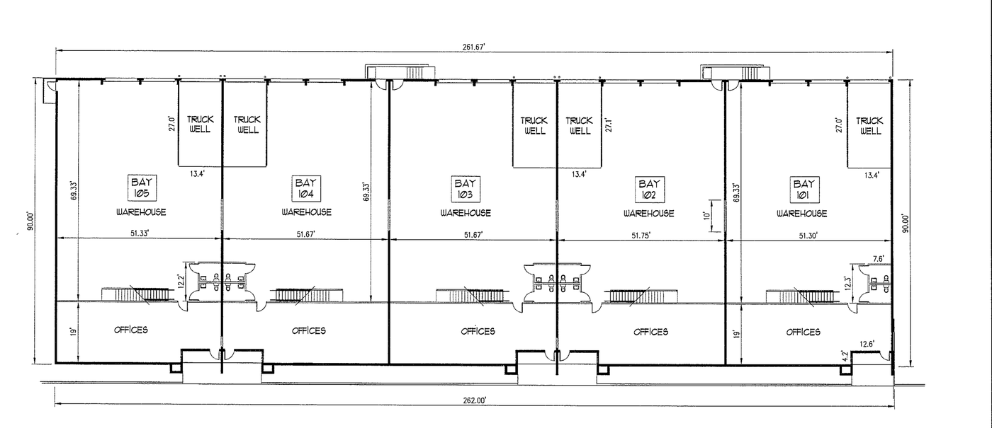 Building A floor plan at Cortland Commercial Center I: five bays, each with front offices, warehouse floor and a rear truck well