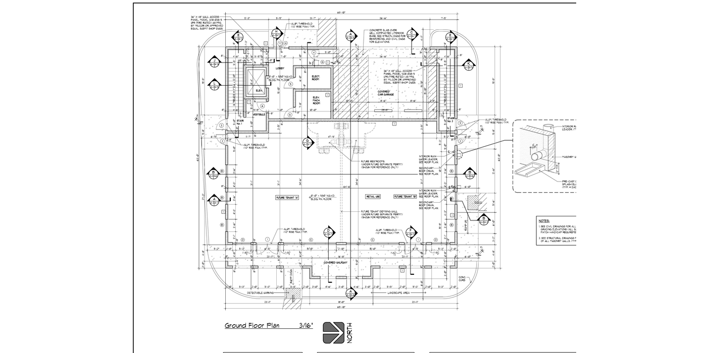 Ground floor plan of Cortland Commercial Office: lobby, elevator and stairs, covered parking and an open space that can be divided in two