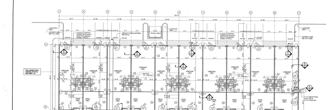 Building A floor plan at Zacarias Commercial Center II: a row of ten bays, each with an office, restrooms and warehouse floor
