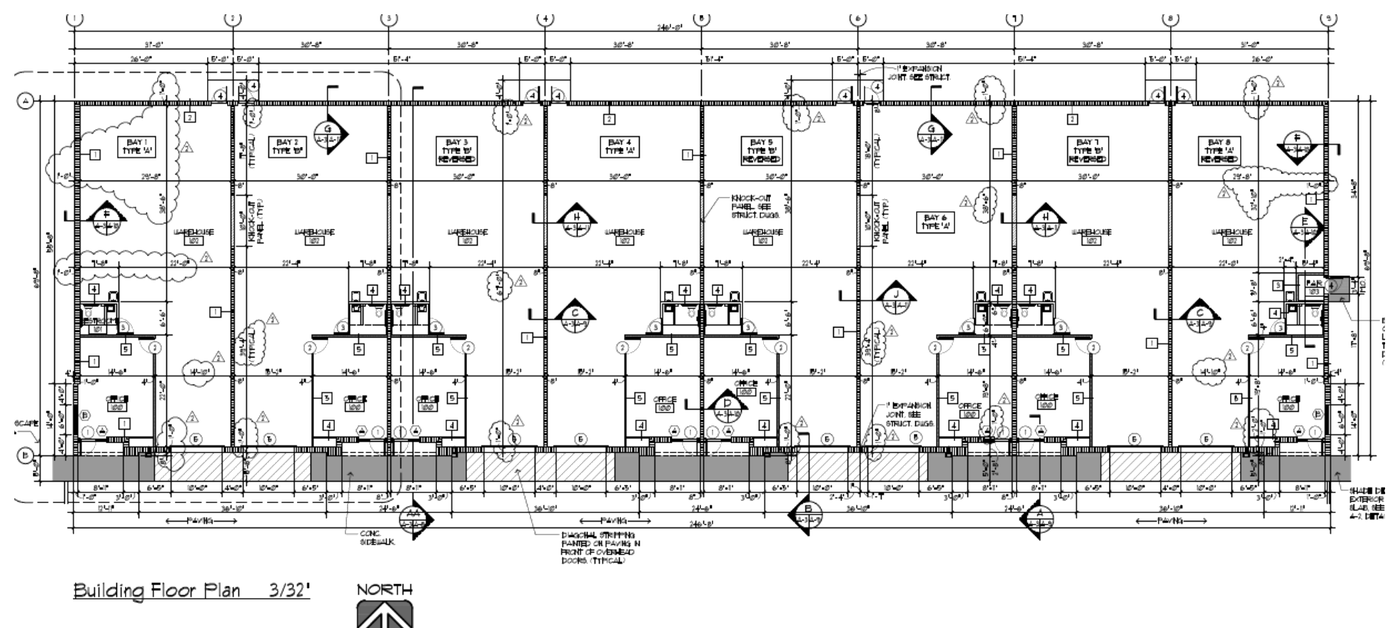 Floor plan of the Zacarias Commercial Center III building: eight bays, each with an office, a restroom and warehouse floor