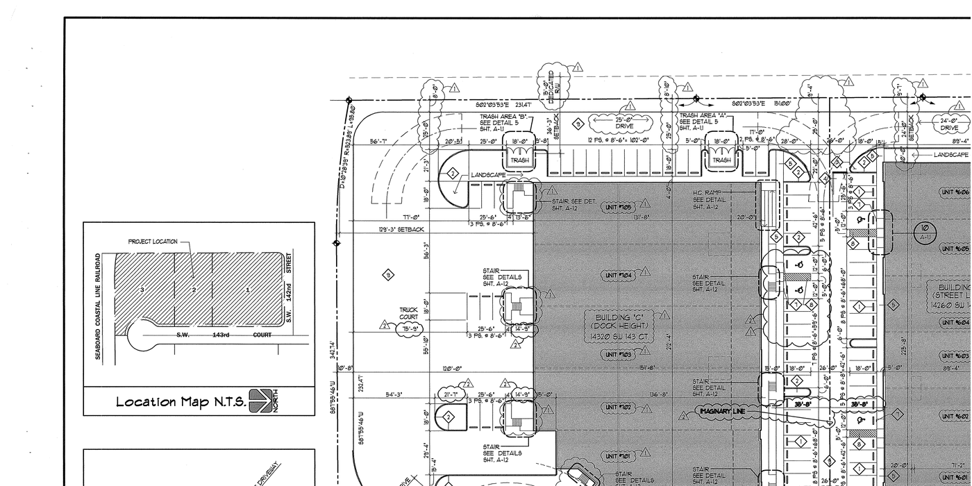 Site plan of Zacarias Commercial Center IV showing Building C (dock height) and Building B (street level) on SW 143rd Court