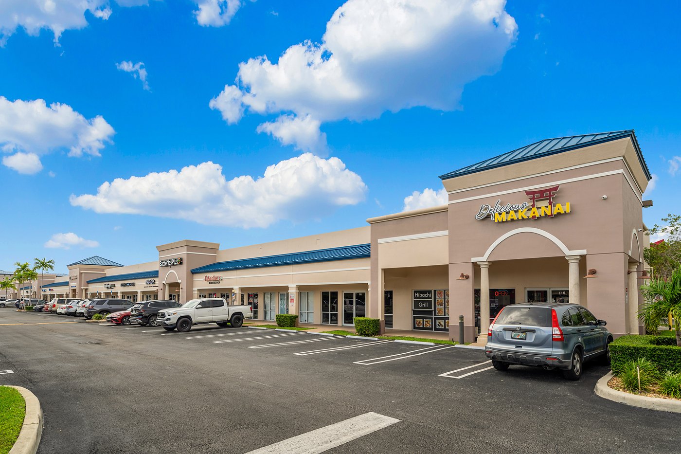 Retail strip and parking at Cortland Commercial Plaza